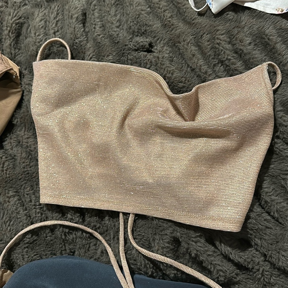 Greet condition cowl neck bandeau crop tube top gold glitter